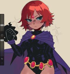 1girl arm_at_side art_program_in_frame artist_name black_eyes black_leotard blush bob_cut bracelet breasts bright_pupils brooch brown_background cape clenched_hand closed_mouth commentary cosplay cowboy_shot english_commentary eyelashes flipped_hair floating_cape forehead_jewel freckles gem gold_belt halloween hand_up highres jewelry kim_pine leotard light_frown loose_hair_strand magic medium_breasts nose_blush purple_cape raven_(dc) raven_(dc)_(cosplay) red_gemstone scott_pilgrim_(series) short_hair signature simple_background sketch solo sparkle standing swept_bangs teen_titans_(tv_series) tuli_(lunepines) v-shaped_eyebrows white_pupils wind yellow_gemstone