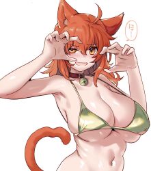 1girl ahoge alternate_costume animal_ear_fluff animal_ears armpits arms_up bare_arms bare_shoulders bell bikini breasts cat_ears cat_girl cat_tail choker cleavage commentary fate/grand_order fate_(series) fujimaru_ritsuka_(female) gold_bikini golden_week golden_week_bikini hair_between_eyes half-closed_eye highres kemonomimi_mode light_blush looking_at_viewer medium_hair navel neck_bell open_mouth orange_eyes orange_hair raised_eyebrow red_choker ruri_rarako shiny_skin sideboob simple_background skindentation solo speech_bubble stomach swimsuit tail translated underboob uneven_eyes upper_body white_background