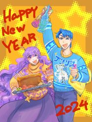 &gt;_o 1boy 1girl 2024 :d adam&#039;s_apple alcohol alternate_costume antlers arm_up blue_eyes blue_hair blue_pants blue_sweater border bottle carrying carrying_under_arm champagne_flute cherry_tomato contemporary cowboy_shot cowl_neck_sweater cup curtained_hair deirdre_(fire_emblem) drinking_glass fire_emblem fire_emblem:_genealogy_of_the_holy_war hair_between_eyes happy_new_year heart highres holding holding_bottle holding_cup holding_pillow holding_tray horns kuohsan long_hair long_skirt long_sleeves looking_at_viewer new_year nintendo one_eye_closed open_mouth orange_sweater outside_border pants parted_bangs pillow potato purple_eyes purple_hair purple_skirt reindeer_antlers short_hair sidelocks sigurd_(fire_emblem) skirt smile sparkle star_(symbol) stuffed_animal stuffed_dragon stuffed_toy sweater thick_eyebrows tomato tray v-shaped_eyebrows very_long_hair wavy_hair wine yellow_background yellow_border