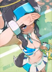 1girl animal_ears arm_up armpits bare_shoulders black_hair blue_archive blue_eyes blush breasts cheerleader clothes_pull dog_ears dog_girl dog_tail embarrassed eyewear_on_head flashing from_above halo hand_over_face hibiki_(blue_archive) hibiki_(cheer_squad)_(blue_archive) long_hair looking_to_the_side medium_breasts millennium_cheerleader_outfit_(blue_archive) navel nipples no_bra official_alternate_costume one_breast_out opened_by_self solo special_cat star_sticker sticker_on_face sweat tail