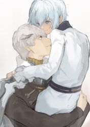 Rule 34 | 2boys, black coat, blue eyes, blue hair, bracelet, cape, carrying, carrying person, closed mouth, coat, eye contact, frilled sleeves, frills, grey eyes, hair behind ear, hand on another&#039;s shoulder, highres, holding, horns, jewelry, long sleeves, looking at another, looking up, male focus, metaphor: refantazio, multiple boys, protagonist (metaphor: refantazio), samerkgk, simple background, smile, strohl (metaphor: refantazio), white background, white cape, white coat, white hair, yaoi