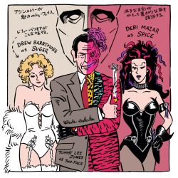 Rule 34 | 1995, 2girls, animal print, batman (series), batman forever, black hair, blonde hair, burned, cinemore, coin, colored skin, dc comics, debi mazar, drew barrymore, formal clothes, gloves, grey jacket, grey suit, harvey dent, highres, jacket, leopard print, magenta jacket, multicolored hair, multicolored jacket, multicolored skin, multiple girls, necktie, pink jacket, pink skin, purple hair, shirt, spice (batman forever), sugar (batman forever), suit, tiger print, tommy lee jones, two-face, two-tone hair, two-tone jacket, two-tone skin, warner bros., yellow shirt