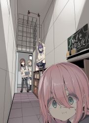 4girls afro_(kngotezo) ambush bag black_pantyhose black_sailor_collar blue_eyes brown_cardigan brown_hair brown_serafuku cage cardigan character_request fogged_glasses hair_between_eyes highres holding holding_cage holding_rope inuyama_aoi kagamihara_nadeshiko looking_at_viewer motosu_school_uniform multiple_girls neckerchief oogaki_chiaki pantyhose pink_hair purple_hair rope sailor_collar school_bag school_uniform serafuku sweatdrop thick_eyebrows translation_request white_neckerchief yurucamp