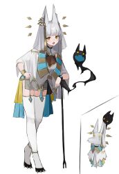 1girl absurdres ancient_egyptian_clothes animal_ears ankh anubis_(mythology) blunt_bangs bracelet breasts cane cleavage cloak commentary_request dot_nose dress egyptian_mythology fang full_body gold_bracelet highres jackal_ears jewelry leaning_on_object looking_at_viewer necklace objectification open_mouth original see-through_cleavage see-through_clothes shiro_wa_(shiroshironix) side_slit skin_fang teardrop_facial_mark thighhighs white_dress white_hair white_thighhighs yellow_eyes zettai_ryouiki