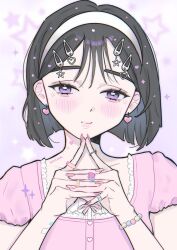 1girl alien_stage alternate_costume bead_bracelet beads black_hair bob_cut bracelet buttons closed_mouth commentary earrings fingernails hair_ornament hairband hairclip head_tilt heart heart_button heart_earrings heart_hair_ornament hontokki jewelry long_fingernails pink_nails pink_shirt portrait purple_eyes ring shirt short_hair short_sleeves smile solo star_(symbol) star_hair_ornament steepled_fingers sua_(alien_stage) white_hairband
