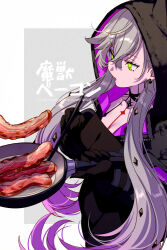 1girl apron bacon black_apron black_hands black_jacket body_markings breasts choker chopsticks cleavage colored_extremities crossed_bangs demon_girl demon_horns demon_wings earrings echo_(circa) fate/grand_order fate_(series) food frying_pan green_eyes grey_hair hair_between_eyes hood horns jacket jewelry lilith_(fate) lilith_(first_ascension)_(fate) long_hair long_sleeves low_twintails medium_breasts open_mouth translation_request twintails wings