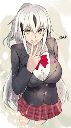 1girl absurdres black_hair black_jacket bow bowtie breasts collared_shirt fang fate/grand_order fate_(series) green_eyes hair_between_eyes half_updo highres jacket large_breasts long_hair long_sleeves looking_at_viewer multicolored_hair nagao_kagetora_(fate) red_skirt s4ika shirt sidelocks skin_fang skirt smile solo two-tone_hair very_long_hair white_hair white_shirt