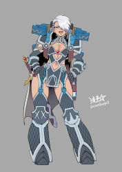 1girl alpha_legion alpharius alpharius_omegon armor breastplate breasts camouflage cape center_opening chain cleavage cleavage_cutout cloak clothing_cutout fang fang_out full_armor gauntlets genderswap genderswap_(mtf) greaves grey_background hair_over_one_eye hands_on_own_hips highres holding holding_weapon looking_at_viewer navel navel_cutout omegon open_mouth pauldrons plasma_pistol power_armor primarch ryuusei_(mark_ii) short_hair shoulder_armor signature simple_background smile standing sword undercut warhammer_40k weapon white_hair