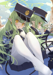 2girls absurdres armband black_hat black_jacket black_shorts black_skirt blue_archive blue_armband blush boots demon_tail earrings fang finger_to_mouth floating_hair gloves green_hair green_halo halo hat highres hikari_(blue_archive) hiyayakko_(jfky2528) jacket jewelry knees_up long_hair long_sleeves looking_at_viewer miniskirt multiple_girls no_shoes nozomi_(blue_archive) open_mouth outdoors pantyhose peaked_cap pleated_skirt pointy_ears shorts siblings sidelocks single_earring sisters sitting skin_fang skirt smile tail twins twintails unworn_boots white_gloves white_pantyhose yellow_eyes