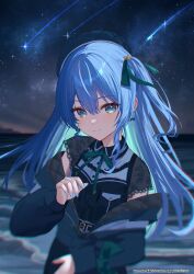 Rule 34 | 1girl, absurdres, beret, blue eyes, blue hair, blue jacket, blue nails, bow, bow earrings, earrings, hat, highres, hololive, hoshimachi suisei, hoshimachi suisei (casual), jacket, jewelry, neck ribbon, off shoulder, ribbon, sakurada nana, shirt, shooting star, sky, solo, star (sky), starry sky, virtual youtuber