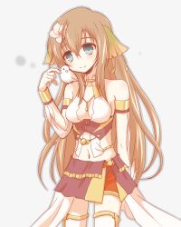 1girl animal animal_on_shoulder armlet bare_shoulders bird bird_on_shoulder blue_eyes bracelet breasts brown_hair center_opening ciel_nosurge cleavage cowboy_shot flower gold_armlet gold_bracelet hair_flower hair_ornament ionasal_kkll_preciel jewelry long_hair navel nitsu_makura no_bra simple_background skirt smile solo surge_concerto very_long_hair white_flower