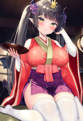 1girl absurdres bare_shoulders black_hair blush breasts cup detached_sleeves flower green_eyes hair_flower hair_ornament hairclip hakama hakama_skirt highres japanese_clothes kimono large_breasts looking_at_viewer nail_polish ochinsama original pointy_ears pouring pouring_onto_self print_kimono purple_skirt red_nails sakazuki sitting skirt smile solo thighhighs twintails wariza white_thighhighs wide_sleeves