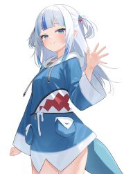1girl absurdres blue_eyes blue_hair blue_hoodie blunt_bangs clenched_hand closed_mouth cowboy_shot drawstring gawr_gura gawr_gura_(1st_costume) hair_ornament highres hololive hololive_english hood hood_down hoodie long_hair long_sleeves looking_at_viewer multicolored_hair ryu160303 shark_hair_ornament sidelocks simple_background smile solo streaked_hair thighs two_side_up virtual_youtuber waving white_background white_hair