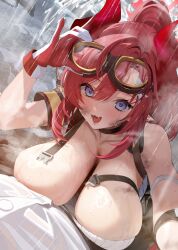 1girl 1other adjusting_eyewear armband bare_shoulders blue_archive blue_eyes blush breasts commentary_request fang gloves goggles goggles_on_head halo highres horns huge_breasts leaning_on_person long_hair looking_at_viewer megu_(blue_archive) onsen open_mouth pinky_out ponytail red_gloves red_hair red_halo red_horns sagging_breasts shirt skin_fang smile solo_focus two-tone_gloves wet white_gloves white_shirt xiujia_yihuizi yellow_armband