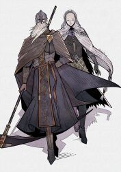 Rule 34 | 2boys, black cape, braid, cape, commentary, elden ring, elden ring: shadow of the erdtree, english commentary, full body, gold trim, herheim, highres, holding, holding scythe, holding weapon, male focus, mask, multiple boys, scythe, shadow, sir ansbach, thiollier (elden ring), weapon, white background, white mask