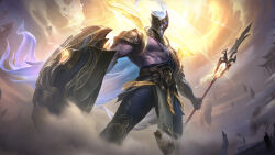 1boy beard cloud commentary dust english_commentary facial_hair glowing glowing_eyes helmet highres holding holding_polearm holding_shield holding_weapon league_of_legends league_of_legends:_wild_rift legs_apart lunar_guardian_pantheon male_focus muscular muscular_male official_alternate_costume official_alternate_hairstyle official_art outdoors pantheon_(league_of_legends) polearm serious shield solo standing sunlight weapon white_hair yellow_eyes