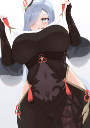 1girl absurdres black_bodysuit blue_eyes bodystocking bodysuit breast_curtain breast_curtain_lift breasts chinese_knot covered_navel cowboy_shot from_below genshin_impact gloves hair_over_one_eye highres hip_vent large_breasts long_hair looking_at_viewer looking_down low-braided_long_hair low-tied_long_hair partially_fingerless_gloves rita_(utya4488) shenhe_(genshin_impact) simple_background solo very_long_hair white_background