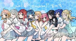 6+girls :3 ;) ;d ^_^ ahoge aqours_finale_lovelive!_~eikyuu_stage~ aqua_eyes aqua_neckerchief aqua_vest blonde_hair blue_background blue_hair braid brown_hair closed_eyes closed_mouth commentary_request copyright_name cowboy_shot crown_braid grey_hair grey_skirt grin hair_between_eyes high_ponytail hug hug_from_behind kunikida_hanamaru kurosawa_dia kurosawa_ruby long_hair love_live! love_live!_sunshine!! matsuura_kanan medium_hair miniskirt multiple_girls neckerchief ohara_mari one_eye_closed open_mouth orange_hair pleated_skirt ponytail puffy_short_sleeves puffy_sleeves purple_eyes red_hair red_neckerchief rinren_(chun8chun8chun) sakurauchi_riko school_uniform serafuku shirt short_hair short_sleeves sidelocks skirt sleeveless sleeveless_shirt smile summer_uniform takami_chika tsushima_yoshiko two_side_up uranohoshi_school_uniform v v_over_eye watanabe_you white_shirt yellow_eyes yellow_neckerchief