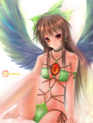 Rule 34 | 1girl, bdsm, bikini, black hair, bondage, bound, bow, brown hair, choker, earrings, faiday, female focus, green bikini, hair ribbon, jewelry, long hair, lowres, nazna, red eyes, reiuji utsuho, ribbon, shibari, shibarikini, solo, swimsuit, touhou, wings