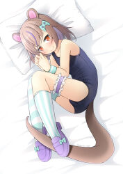 1girl animal_ears asymmetrical_legwear blue_one-piece_swimsuit borrowed_character brown_hair colored_inner_hair commentary_request commission controller fetal_position game_controller hair_ornament lying multicolored_hair on_side one-piece_swimsuit orange_eyes original pillow purple_hair purple_shoes school_uniform shibacha shoes short_hair single_thighhigh skeb_commission socks solo streaked_hair striped_clothes striped_socks striped_thighhighs swimsuit tail thighhighs wristband