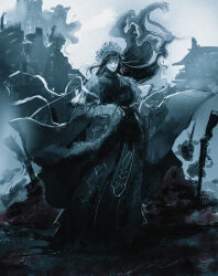 1other abstract absurdres androgynous blood building capelet film_grain floating_hair full_body gun hanpen_kounaien headband headdress highres long_hair monochrome original outdoors parted_bangs rifle robe sketch sky smile spot_color weapon wide-eyed wide_sleeves wind
