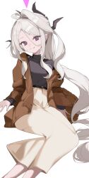 1girl absurdres aged_up ahoge belt black_belt blue_archive breasts demon_girl demon_horns halo highres hijo_(nakare2845) hina_(blue_archive) horns long_hair looking_at_viewer purple_eyes sitting small_breasts solo white_hair