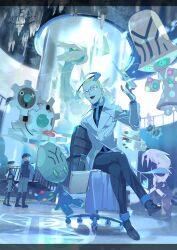 1girl 4boys absurdres beheeyem black_pants black_shirt black_shoes blonde_hair blue_hair coat colress_(pokemon) dated e_volution elgyem game_freak gen_4_pokemon gen_5_pokemon ghetsis_(pokemon) highres klinklang kyurem lab_coat legendary_pokemon magnezone multicolored_hair multiple_boys nintendo pants pokemon pokemon_(creature) pokemon_bw2 shadow_triad shirt shoes sitting solo_focus team_plasma team_plasma_grunt two-tone_hair white_coat