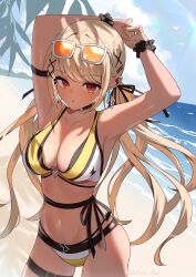 1girl armpits arms_behind_head beach bikini black_choker blonde_hair breasts choker cleavage dark-skinned_female dark_skin earrings eyewear_on_head gyaru hair_ornament highres jewelry kaminari_qpi large_breasts long_hair navel orange_eyes scrunchie shinka_(yonkun121) solo sunglasses swept_bangs swimsuit twintails virtual_youtuber vspo! wrist_scrunchie x_hair_ornament