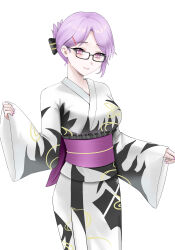 1girl absurdres black_kimono blush breasts cowboy_shot digimon digimon_card_game digimon_world_re:digitize glasses highres japanese_clothes kimono large_breasts mianbaoren mikagura_mirei official_alternate_costume purple_eyes purple_hair simple_background smile solo two-tone_kimono white_background white_kimono