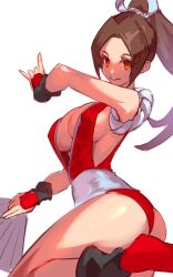 Rule 34 | 1girl, ass, bare shoulders, breasts, brown hair, cleavage, collarbone, fatal fury, female focus, highres, japanese clothes, large breasts, long hair, looking at viewer, pelvic curtain, ponytail, shiranui mai, simple background, snk, solo, the king of fighters, thighs, ura dora, white background