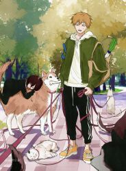 1boy 1girl bag black_dress black_hair blonde_hair bone bug butterfly cat chainsaw_man closed_eyes denji_(chainsaw_man) dog dress food green_sweater grocery_bag hair_between_eyes highres holding holding_leash hood hoodie husky insect jacket jeoth03k leash looking_at_another medium_hair meowy_(chainsaw_man) namiya724 nayuta_(chainsaw_man) on_dog open_mouth orange_shoes pants shiba_inu shoes shopping_bag short_hair sleeping solo sweater track_pants tree vegetable white_cat white_hoodie white_jacket worried yellow_eyes