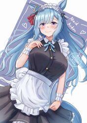 Rule 34 | 1girl, alternate costume, animal ears, blush, breasts, cleavage, closed mouth, commentary request, enmaided, full body, hair ornament, highres, horse ears, horse girl, horse tail, long hair, looking at viewer, maid, maid headdress, medium breasts, mejiro ardan (umamusume), rio (lio yuzu), simple background, solo, tail, umamusume