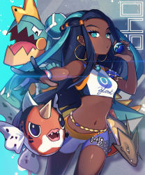 1girl armlet barraskewda belly_chain bikini blue_eyeshadow breasts dark-skinned_female dark_skin dive_ball drednaw earrings eyeliner eyeshadow gen_1_pokemon gen_8_pokemon gloves gym_leader hair_bun hair_ornament highres holding holding_poke_ball hoop_earrings jewelry long_hair makeup multicolored_hair nessa_(pokemon) nintendo nou_(nounknown) partially_fingerless_gloves poke_ball pokemon pokemon_(creature) pokemon_swsh seaking single_glove single_hair_bun sportswear swimsuit tankini two-tone_hair
