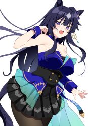 1girl absurdres animal_ears arm_up armpits black_dress blue_collar blue_eyes blue_hair blush breasts buttons collar commentary_request cowboy_shot detached_sleeves dress ear_covers ears_through_headwear hair_between_eyes highres horse_ears horse_girl kaoru_(h8qm9) large_breasts looking_at_viewer multicolored_hair open_mouth pantyhose simple_background single_ear_cover smile solo streaked_hair umamusume verxina_(umamusume) white_background white_hair