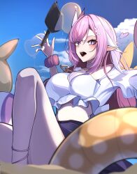 1girl absurdres alternate_costume blue_sky breasts cloud commentary_request crop_top diamond-shaped_pupils diamond_(shape) elf elysia_(honkai_impact) highres holding_trowel honkai_(series) honkai_impact_3rd kamishiro_noa knee_up large_breasts long_hair midriff outdoors pink_hair pointy_ears purple_eyes scrunchie sky solo symbol-shaped_pupils veil very_long_hair white_veil wrist_scrunchie yellow_innertube