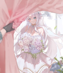 1girl absurdres alternate_costume aqua_eyes bare_shoulders bird blurry blurry_background bouquet breasts bride carlotta_(wuthering_waves) chinese_commentary cleavage closed_mouth commentary_request cowboy_shot curtains dress feng_ruoli_321 flower highres holding holding_bouquet indoors large_breasts long_hair looking_at_viewer male_rover_(wuthering_waves) parted_bangs pov pov_hands rover_(wuthering_waves) smile veil very_long_hair wedding_dress white_bird white_dress white_hair white_veil wuthering_waves