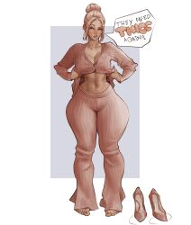 1girl blonde_hair brown_eyes clothes_lift earrings english_text full_body high_heels highres hoop_earrings jewelry looking_at_viewer narrow_waist navel original pants pink_pants pink_shirt pink_shoes shirt shirt_lift shoes solo speech_bubble standing thatmfdiego thick_thighs thighs unworn_shoes wide_hips