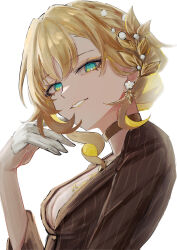 Rule 34 | 1girl, 87npyo, aglaea (fashion) (honkai: star rail), aglaea (honkai: star rail), blonde hair, breast tattoo, breasts, brown shirt, cleavage, from side, gloves, gold tattoo, green eyes, hashtag-only commentary, highres, honkai: star rail, honkai (series), large breasts, laurel crown, looking at viewer, official alternate costume, parted lips, shirt, short hair, simple background, smile, solo, tattoo, upper body, white background, white gloves