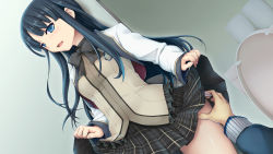 Rule 34 | 1girl, absurdres, black hair, black neckwear, blue eyes, blunt bangs, bow, bowtie, dutch angle, game cg, harem tengoku da to omottara yandere jigoku datta, highres, hiiro yuki, long hair, open mouth, panties, panty pull, plaid clothes, plaid skirt, pleated skirt, pov, pov hands, school uniform, skirt, skirt hold, solo focus, toilet, toutomi kanna, underwear