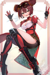 1girl :d black_boots black_skirt boots breasts brown_hair china_dress chinese_clothes cleavage cleavage_cutout clothing_cutout commentary dark_skin double-parted_bangs double_bun dress earrings english_commentary eyewear_on_head flower framed_breasts full_body gold_necklace hair_between_eyes hair_bun hair_flower hair_ornament hands_up harness highres hololive jewelry looking_at_viewer mandarin_collar maro2ki3 mechanical_hands mechanical_legs medium_breasts miniskirt necklace official_alternate_costume official_alternate_hairstyle open_mouth platform_boots pleated_skirt quilted_clothes red_dress roboco-san roboco-san_(oriental-style_battle) short_hair short_sleeves side_slit single_earring skirt skirt_under_dress smile solo sunglasses v virtual_youtuber yellow_eyes