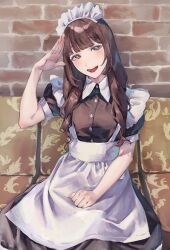 1girl :d animification apron black_dress blunt_bangs blush brick_wall brown_hair character_request check_character collared_dress commentary_request contrast_collar couch cowboy_shot dress grey_eyes highres long_hair looking_at_viewer maid on_couch open_mouth puffy_short_sleeves puffy_sleeves real_life saidamoosu salute short_sleeves sidelocks sitting smile solo teeth tsukine_kona voice_actor waist_apron white_apron