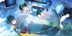 age_comparison aged_down all_might belt boku_no_hero_academia card closed_eyes closed_mouth cloud commentary computer_keyboard crt falling_feathers feathers freckles gloves green_eyes green_hair green_jumpsuit green_shorts highres holding holding_card homare04271 jumpsuit looking_at_object male_focus midoriya_izuku monitor parted_lips red_belt reflection scarf shorts sky sleeping smile socks sparkle superhero_costume television white_gloves white_socks yellow_scarf