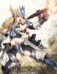 Rule 34 | 1girl, aqua eyes, armor, blonde hair, blush, breasts, breasts apart, character request, chloris garden, commentary request, company name, elbow gloves, finger on trigger, firing, gauntlets, gloves, gluteal fold, headgear, holding, holding weapon, long hair, long sidelocks, medium breasts, midriff, navel, open mouth, painpa, rocket launcher, rpg, rpg-7, rpg (weapon), science fiction, shoulder armor, sidelocks, solo, thighhighs, twintails, vambraces, very long hair, weapon