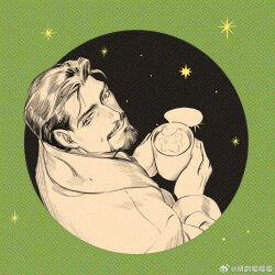 Rule 34 | 1boy, avengers (series), border, chinese commentary, closed mouth, commentary request, cup, er miao ying ying ying, facial hair, fingernails, green border, hands up, holding, holding cup, hot chocolate, long sleeves, looking at viewer, looking up, male focus, marvel, outside border, partially colored, robe, short hair, smile, solo, star (symbol), the avengers: earth&#039;s mightiest heroes!, tony stark, upper body