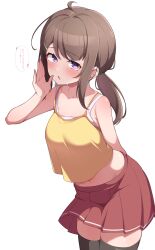1girl :o absurdres ahoge arm_behind_back armpit_crease bare_arms black_thighhighs blush bra bra_peek breasts brown_hair collarbone commentary_request cowboy_shot crop_top hand_up highres long_hair looking_at_viewer midriff mujin_(mujinzairaisen) navel open_mouth original pleated_skirt ponytail purple_eyes red_skirt shirt sidelocks skirt solo speech_bubble thighhighs translation_request underwear white_background white_bra yellow_shirt zettai_ryouiki