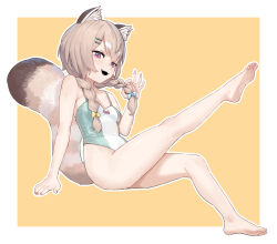 1girl agemmata alternate_costume ass bamboo_shoot bare_shoulders braid breasts cleavage fang green_one-piece_swimsuit hair_ornament hairclip highres holding holding_own_hair komachi_panko leg_up long_hair looking_at_viewer low_twin_braids nail_polish one-piece_swimsuit open_mouth phase_connect pink_eyes red_panda_ears red_panda_girl red_panda_tail sidelocks sitting small_breasts smile swimsuit twin_braids virtual_youtuber white_one-piece_swimsuit