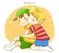 2boys bad_tag black_hair blonde_hair blush child hat hug kzghk23 lucas_(mother_3) mother_(series) mother_2 mother_3 multiple_boys ness_(mother_2) nintendo shirt shota smile striped_clothes striped_shirt super_smash_bros yaoi