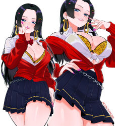1girl absurdres animal_print black_hair black_skirt blue_eyes blush boa_hancock bow bowtie breasts cardigan chain_belt cleavage clothes_around_waist collared_shirt earrings elpipe_3000 fake_nails gyaru hair_ornament hairclip heart heart_belt heart_hair_ornament highres jewelry large_breasts leopard_print leopard_print_bikini long_hair looking_at_viewer nail_polish one_piece open_clothes parted_lips patreon_username pink_nails red_bow red_bowtie red_cardigan scrunchie shiny_skin shirt simple_background skirt smile snake_earrings solo tied_shirt very_long_hair white_shirt