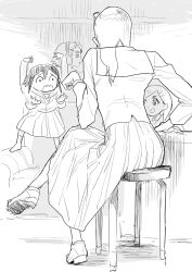 4girls asakusa_midori commentary doumeki_parker eizouken_ni_wa_te_wo_dasu_na! eyewear_on_head from_behind glasses greyscale headphones kanamori_sayaka katsuoboshi long_hair long_skirt mizusaki_tsubame monochrome multiple_girls school_uniform shibahama_high_school_uniform sitting sketch skirt