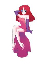 Rule 34 | 1girl, bare legs, breasts, button eye, buttons, cleavage, cosplay, dress, elbow gloves, glitch productions, gloves, high heels, highres, jessica rabbit, jessica rabbit (cosplay), looking at viewer, pink heels, ragatha (the amazing digital circus), red dress, red hair, the amazing digital circus, who framed roger rabbit